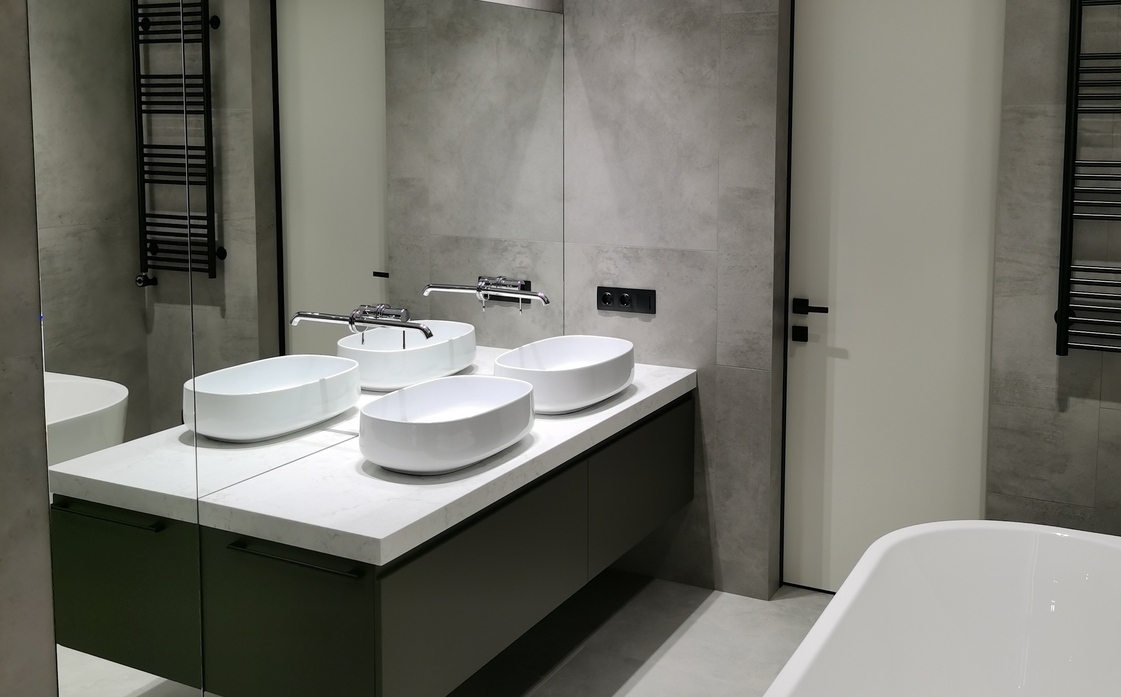 Дизайн-проект ванной комнаты с использованием керамогранита под мрамор, Уфа